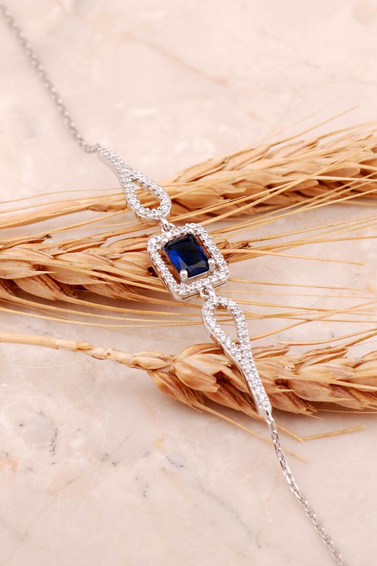 Safir Taşlı Baget Rodyumlu Gümüş Bileklik 4495