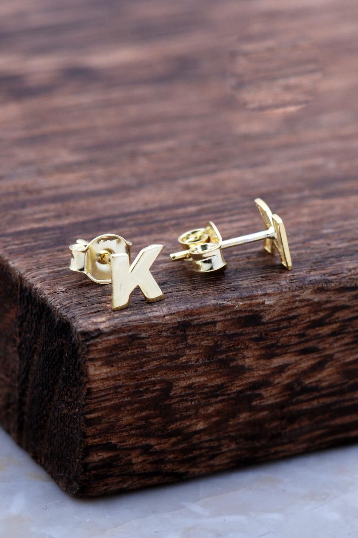 K Harfi Altın Kaplama Gümüş Küpe 5974