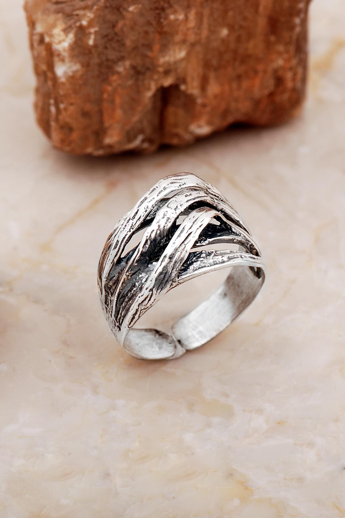 Cage Tasarım Çekiç Dövme Elişi Gümüş Yüzük 5870