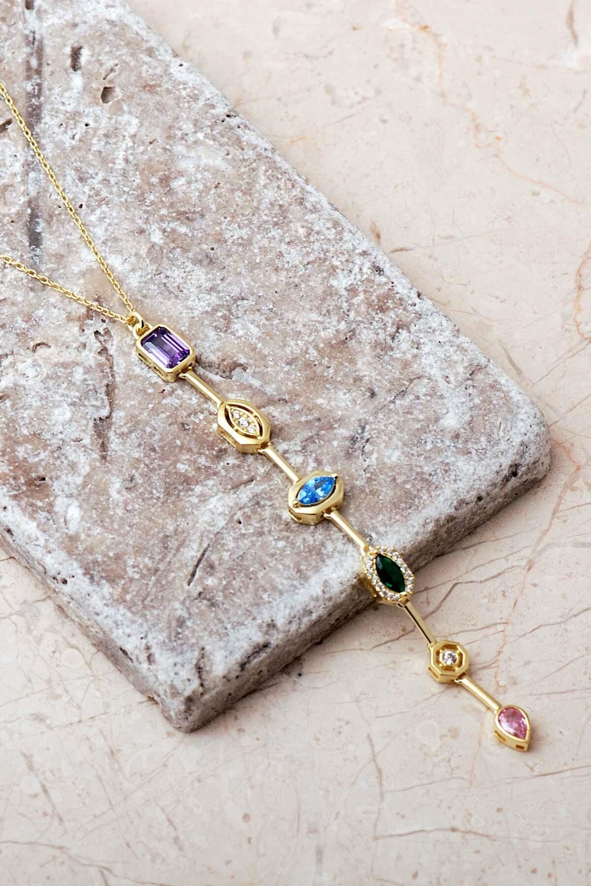 Geometrik Renkli Taşlı 925 Ayar Gümüş Kolye 8103 Altın