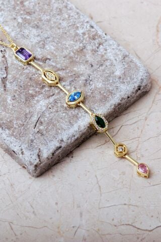 Geometrik Renkli Taşlı 925 Ayar Gümüş Kolye 8103 Altın