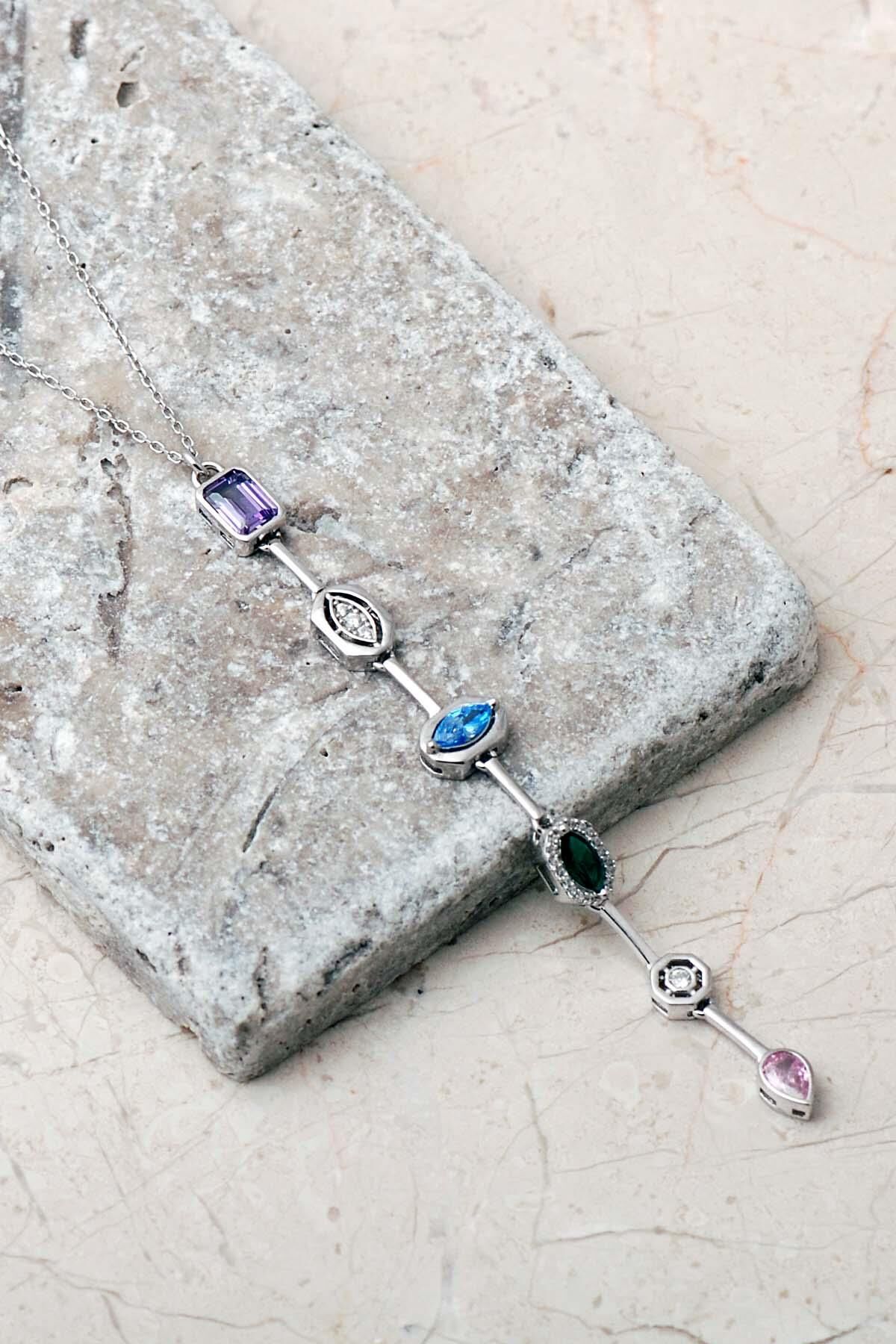 Geometrik Renkli Taşlı 925 Ayar Gümüş Kolye 8103 Gümüş