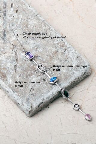 Geometrik Renkli Taşlı 925 Ayar Gümüş Kolye 8103 Gümüş