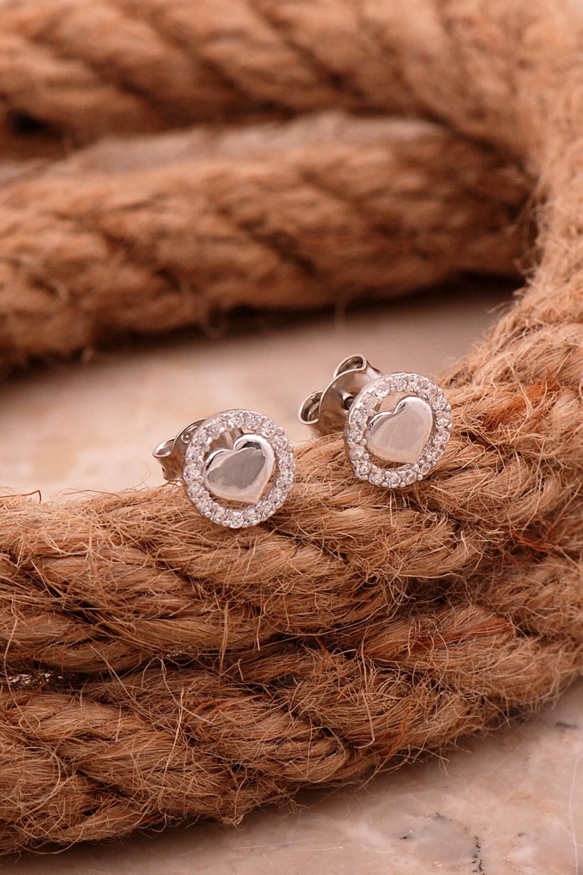 Kalp Mini Rodyumlu Gümüş Küpe 6813