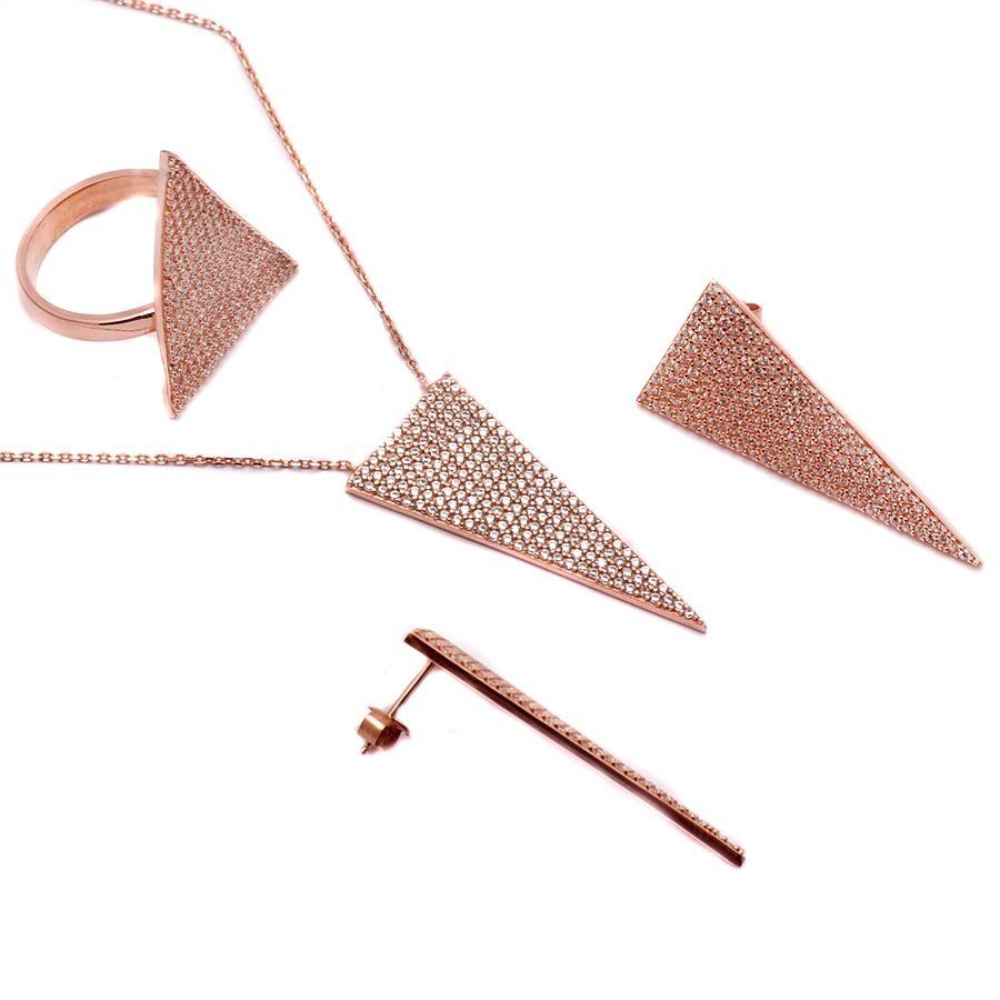 Zirkon Taşlı Üçgen Tasarım Rose Gümüş Set 1176