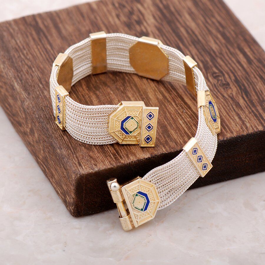 Altın Yaldızlı El Yapımı Midyat Hasırı Gümüş Bileklik 2344