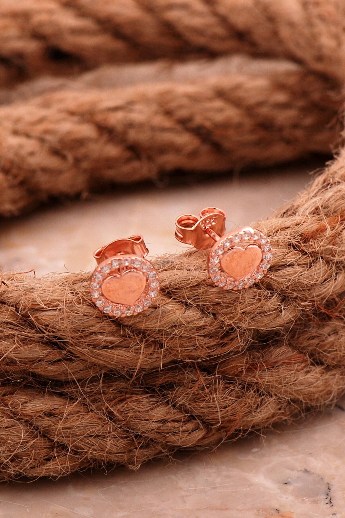 Kalp Mini Rose Gümüş Küpe 6814