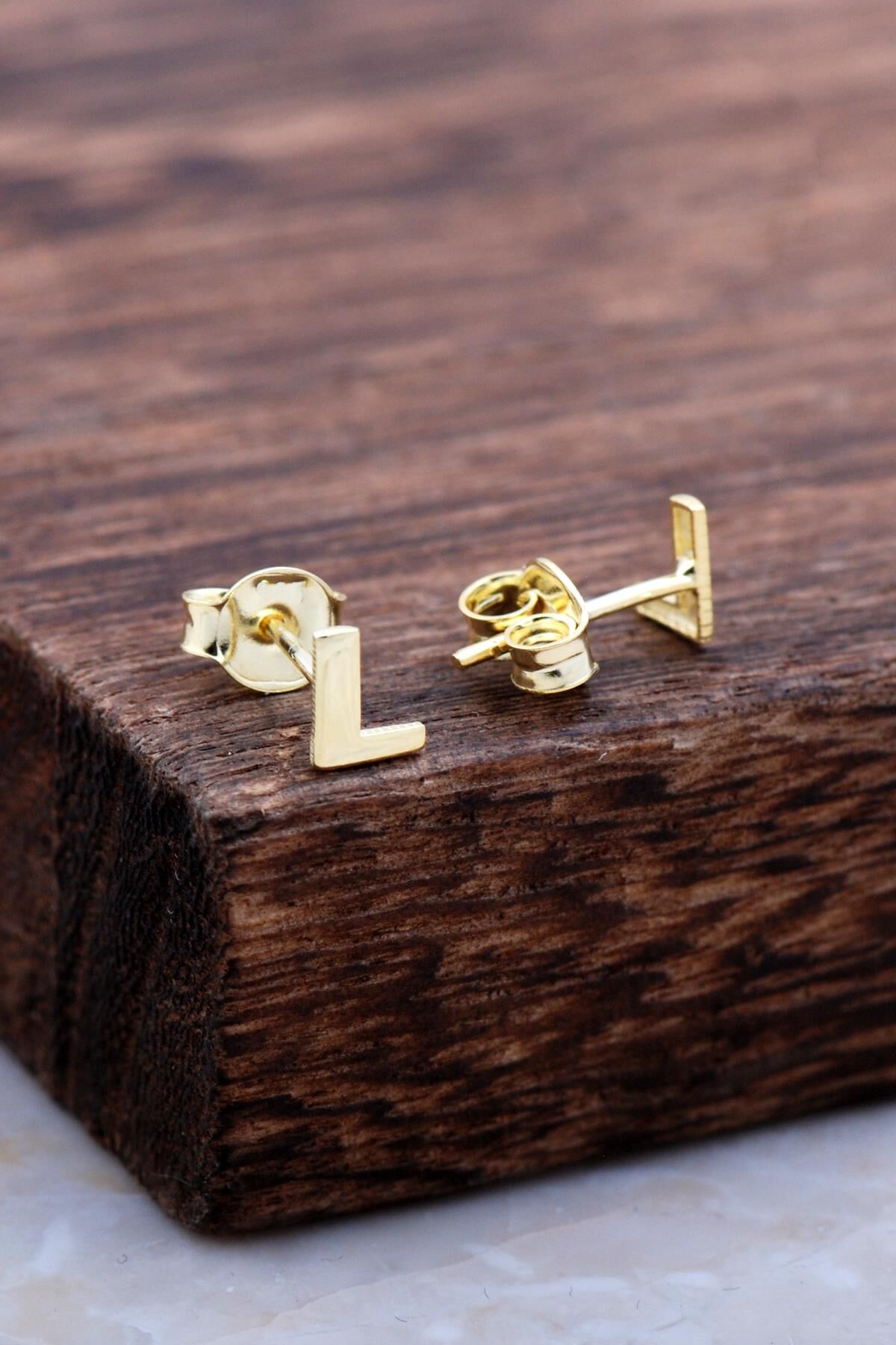 L Harfi Altın Kaplama Gümüş Küpe 5977