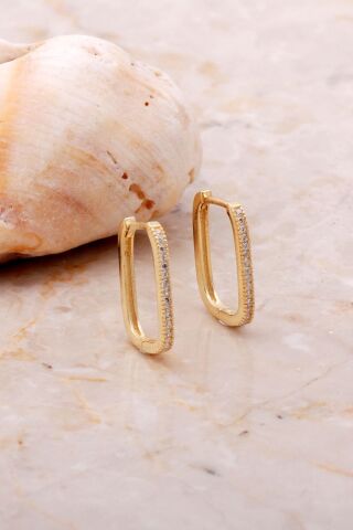 Taşlı Dikdörtgen Altın Yaldızlı Gümüş Halka Küpe 5160