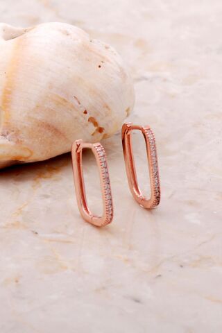 Taşlı Dikdörtgen Rose Gümüş Halka Küpe 5161