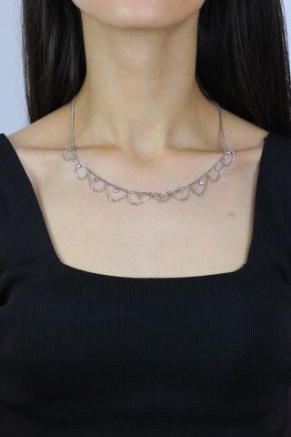 Taşlı Tasarım Rodyumlu Choker Gümüş Kolye 7271