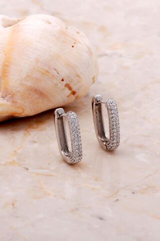 Taşlı Dikdörtgen Gümüş Halka Küpe 5162