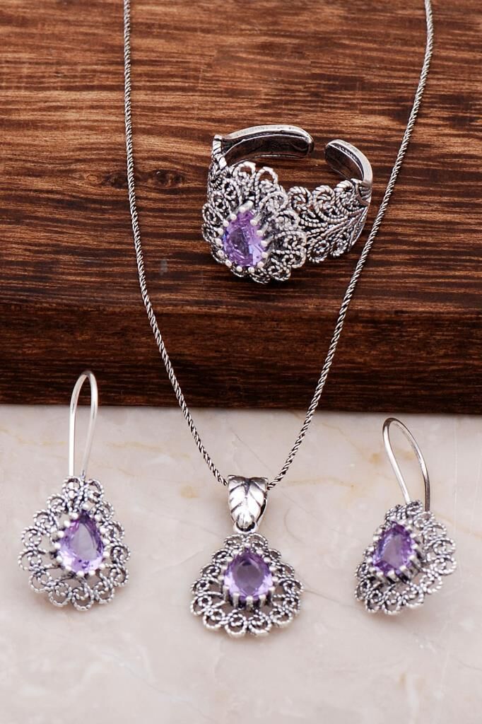 Telkari İşlemeli Damla Pembe Zirkon Taşlı Gümüş Set 1885