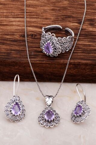Telkari İşlemeli Damla Pembe Zirkon Taşlı Gümüş Set 1885