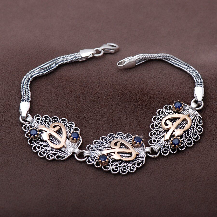 Telkari İşlemeli Safir Taşlı Elif Vav Harfli Tasarım Bileklik 1829