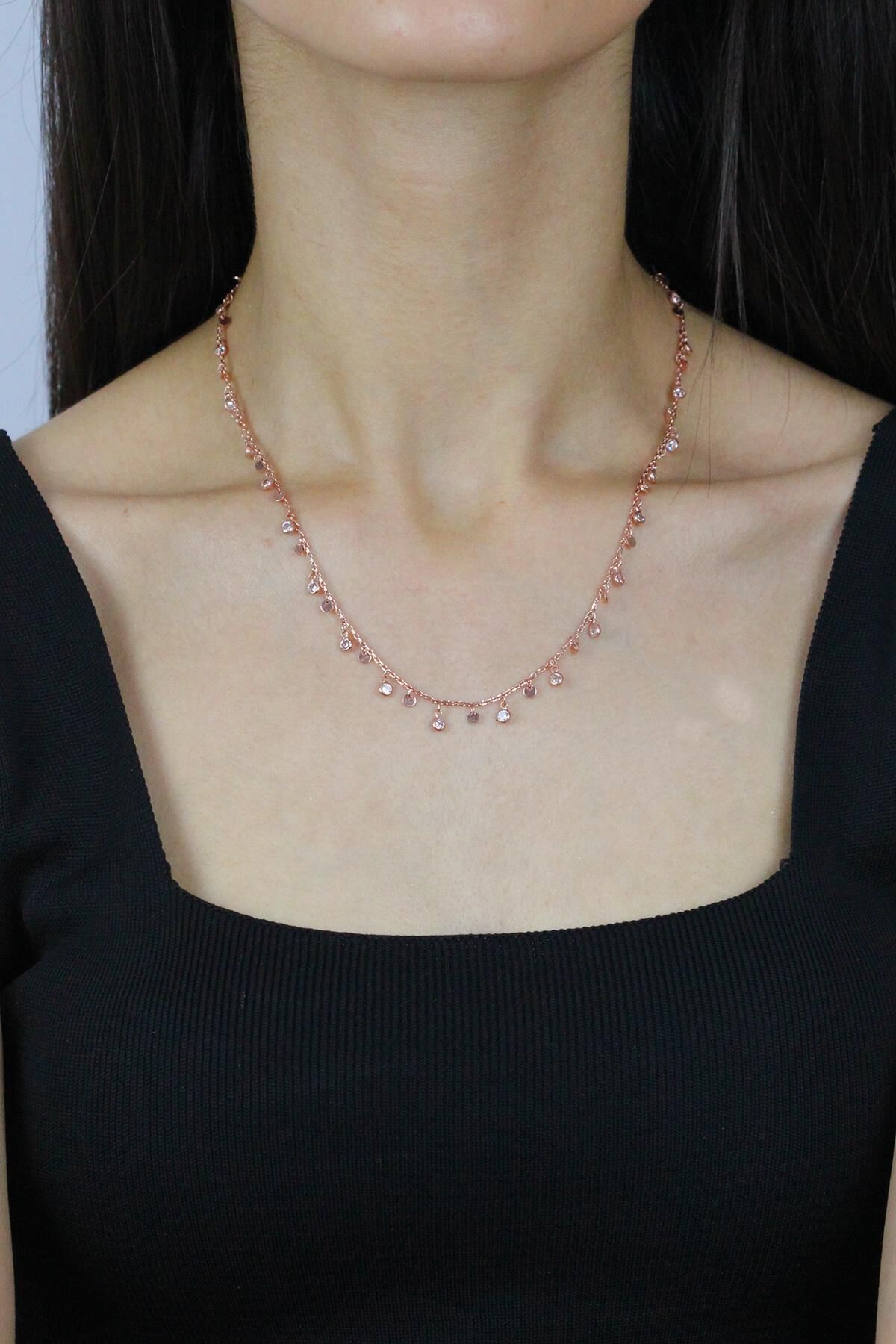 Taşlı Pullu Rose Gümüş Choker Kolye 7273