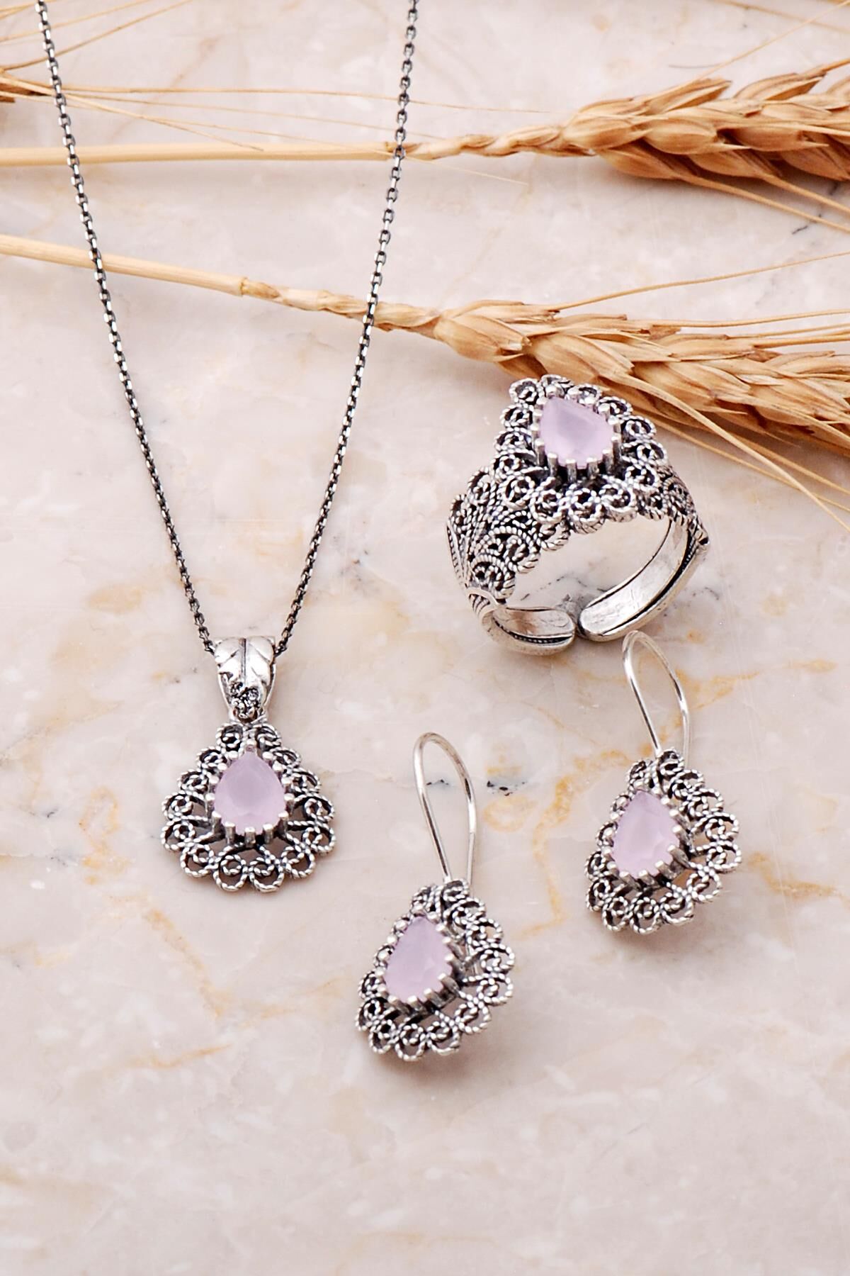 Damla Tasarımlı Telkari İşlemeli Pembe Kuvars Taşlı 925 Ayar Gümüş set 1886
