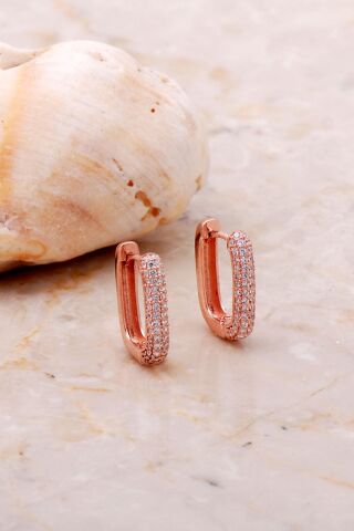 Taşlı Dikdörtgen Rose Gümüş Halka Küpe 5163