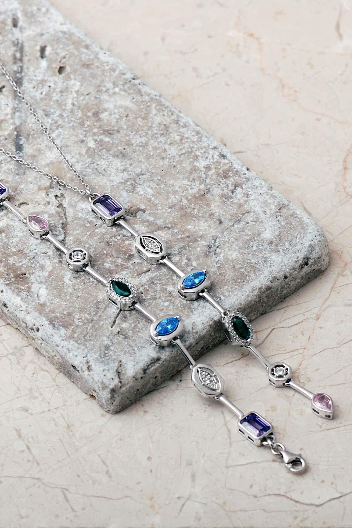 Geometrik Renkli Taşlı 925 Ayar Gümüş Kolye Bileklik İkili Set 2859