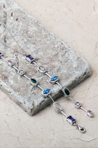 Geometrik Renkli Taşlı 925 Ayar Gümüş Kolye Bileklik İkili Set 2859