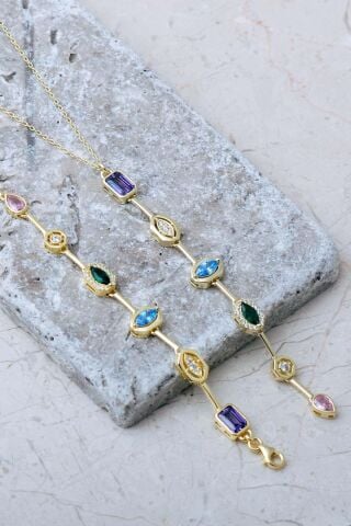 Geometrik Renkli Taşlı 925 Ayar Gümüş Kolye Bileklik İkili Set 2859