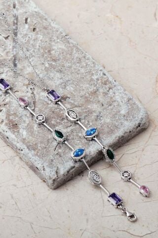 Geometrik Renkli Taşlı 925 Ayar Gümüş Kolye Bileklik İkili Set 2859