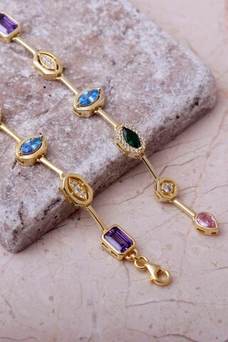 Geometrik Renkli Taşlı 925 Ayar Gümüş Kolye Bileklik İkili Set 2859