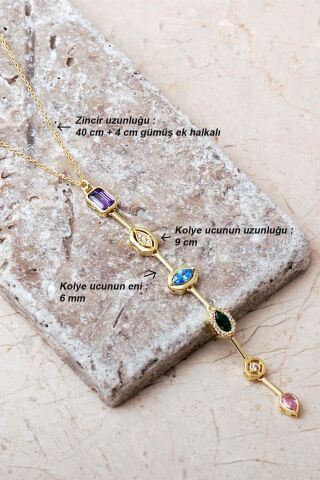 Geometrik Renkli Taşlı 925 Ayar Gümüş Kolye Bileklik İkili Set 2859