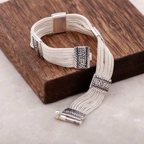 Hitit Motifli El Örmesi Midyat Hasırı Gümüş Bileklik 2350