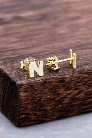 N Harfi Altın Kaplama Gümüş Küpe 5983