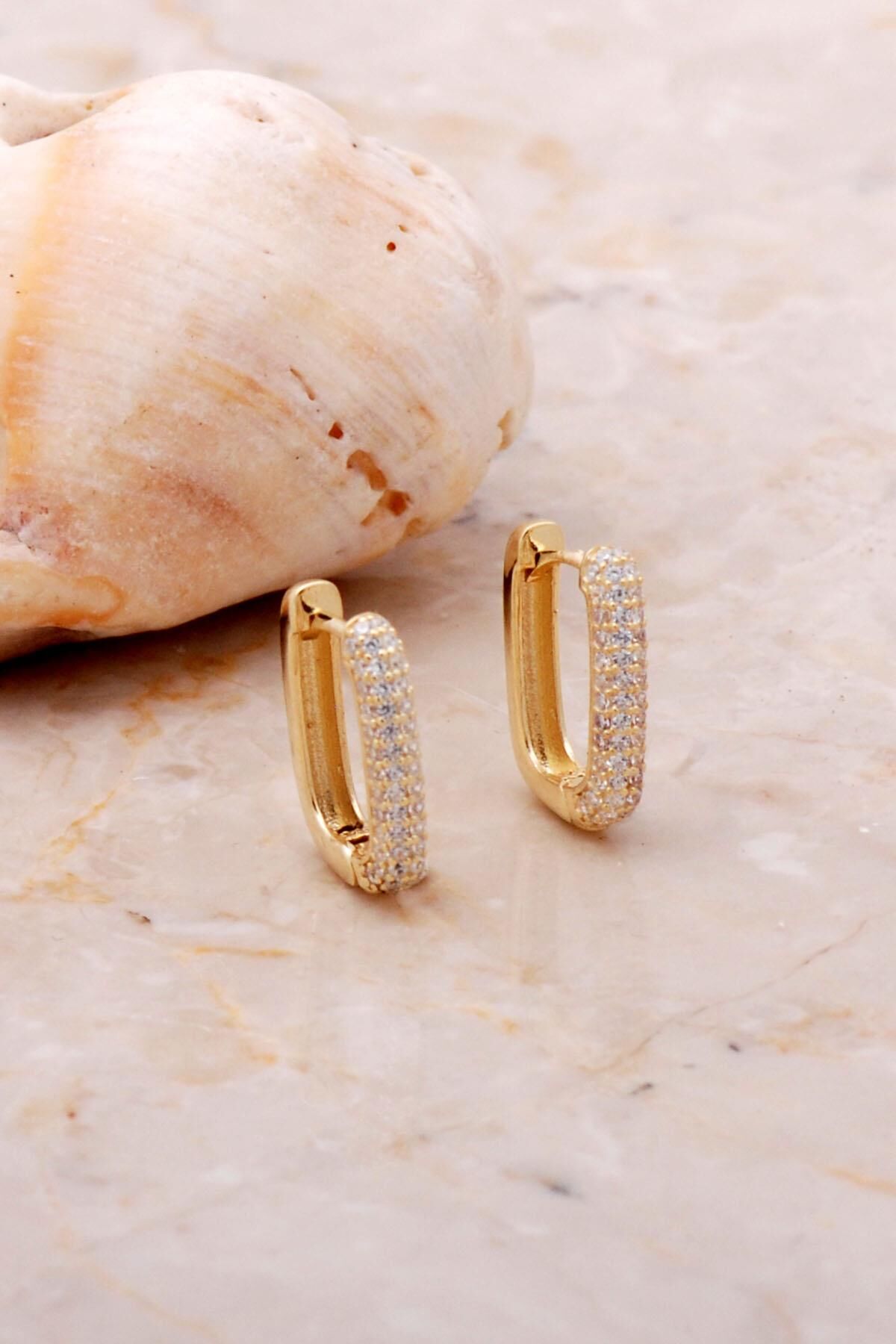 Taşlı Dikdörtgen Altın Yaldızlı Gümüş Halka Küpe 5164