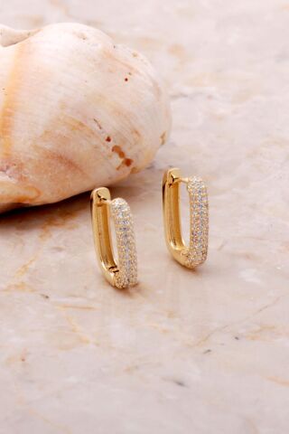 Taşlı Dikdörtgen Altın Yaldızlı Gümüş Halka Küpe 5164