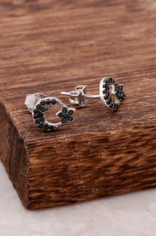 Ay Yıldız Tasarımlı Safir Taşlı Gümüş Küpe 4011