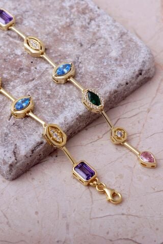 Geometrik Renkli Taşlı 925 Ayar Gümüş Kolye Bileklik İkili Set 2859 Altın