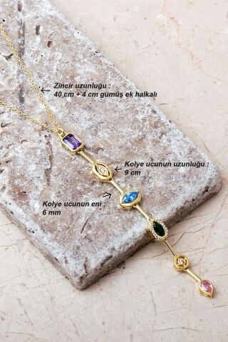 Geometrik Renkli Taşlı 925 Ayar Gümüş Kolye Bileklik İkili Set 2859 Altın