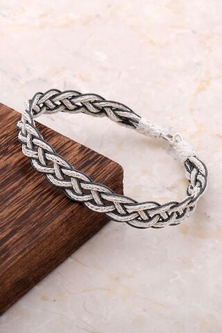 Kazaziye İşlemeli El Sarması Gümüş Erkek Bileklik 3315