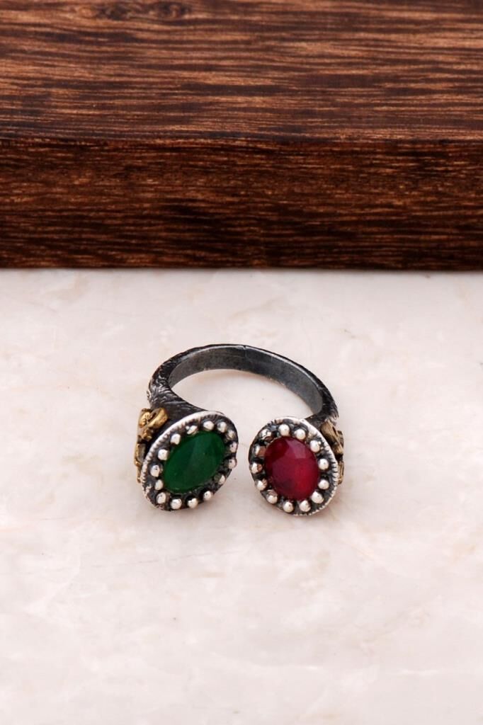 Kök Zümrüt ve Kök Yakut Taşlı Gümüş Yüzük 44