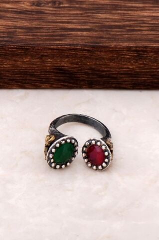 Kök Zümrüt ve Kök Yakut Taşlı Gümüş Yüzük 44