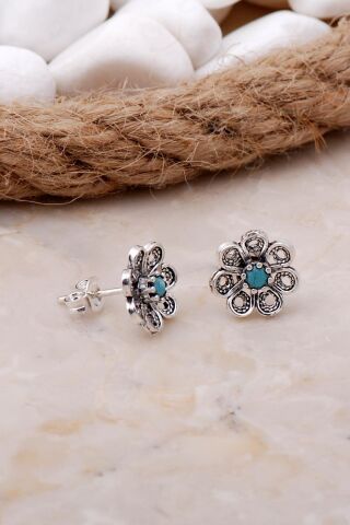 Turkuaz Taşlı Çiçekli Telkari Elişi Gümüş Küpe 5797