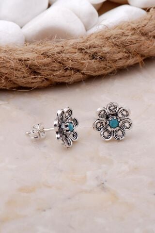 Turkuaz Taşlı Çiçekli Telkari Elişi Gümüş Küpe 5797