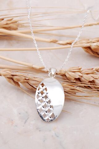 Lazer İşlemeli Tasarım Gümüş Kolye 7474