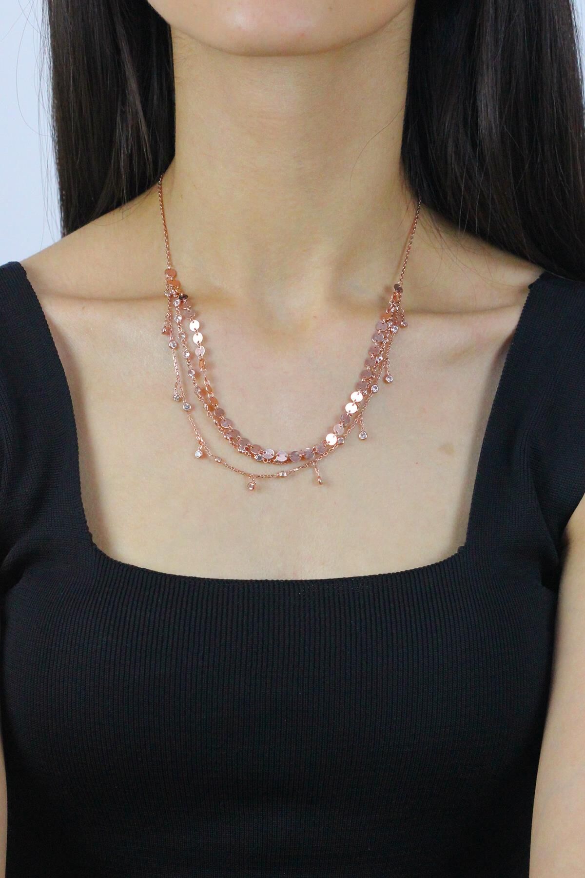 Taşlı ve Pullu Üçlü Tasarım Rose Gümüş Kolye 7277