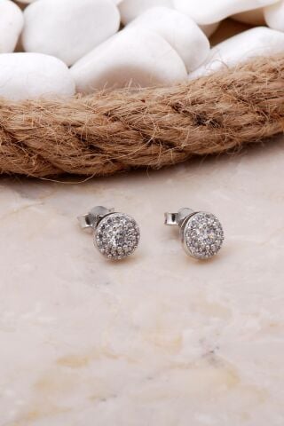 Elmas Montürlü 7 Mm Rodyumlu Gümüş Küpe 5798