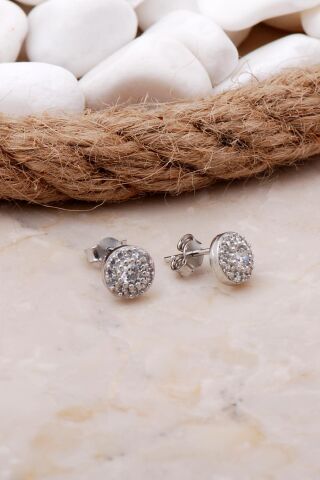 Elmas Montürlü 7 Mm Rodyumlu Gümüş Küpe 5798