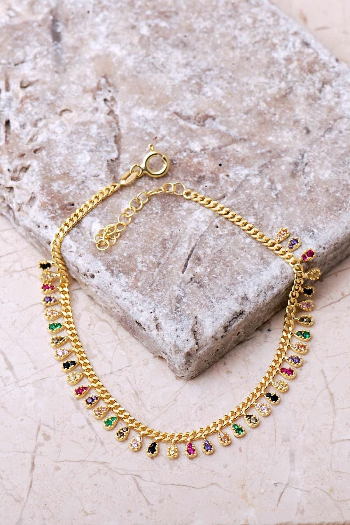 Gurmet Mix Taşlı Altın Kaplama Damla 925 Ayar Gümüş Bileklik 4858