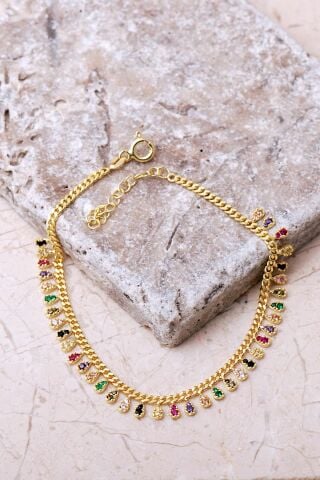 Gurmet Mix (Karışık) Taşlı Altın Kaplama Damla 925 Ayar Gümüş Bileklik 4858