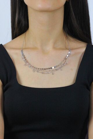 Taşlı ve Pullu Üçlü TAsarım Rodyumlu Gümüş Kolye 7278