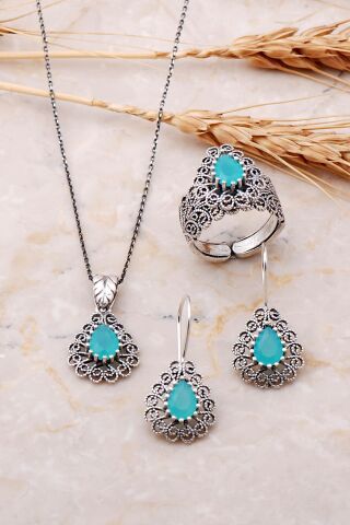 Telkari İşlemeli Kalsedon Taşlı Gümüş Damla Set 1888