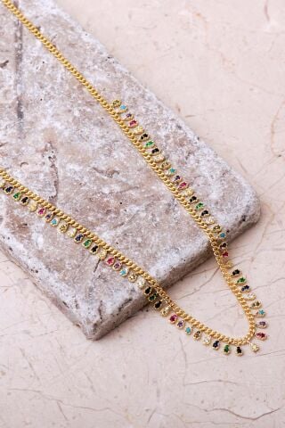 Gurmet Mix Taşlı Damla Altın Kaplama 925 Ayar Gümüş Choker Kolye 8104