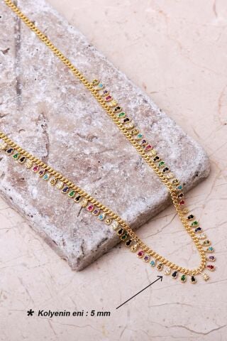 Gurmet Mix Taşlı Damla Altın Kaplama 925 Ayar Gümüş Choker Kolye 8104